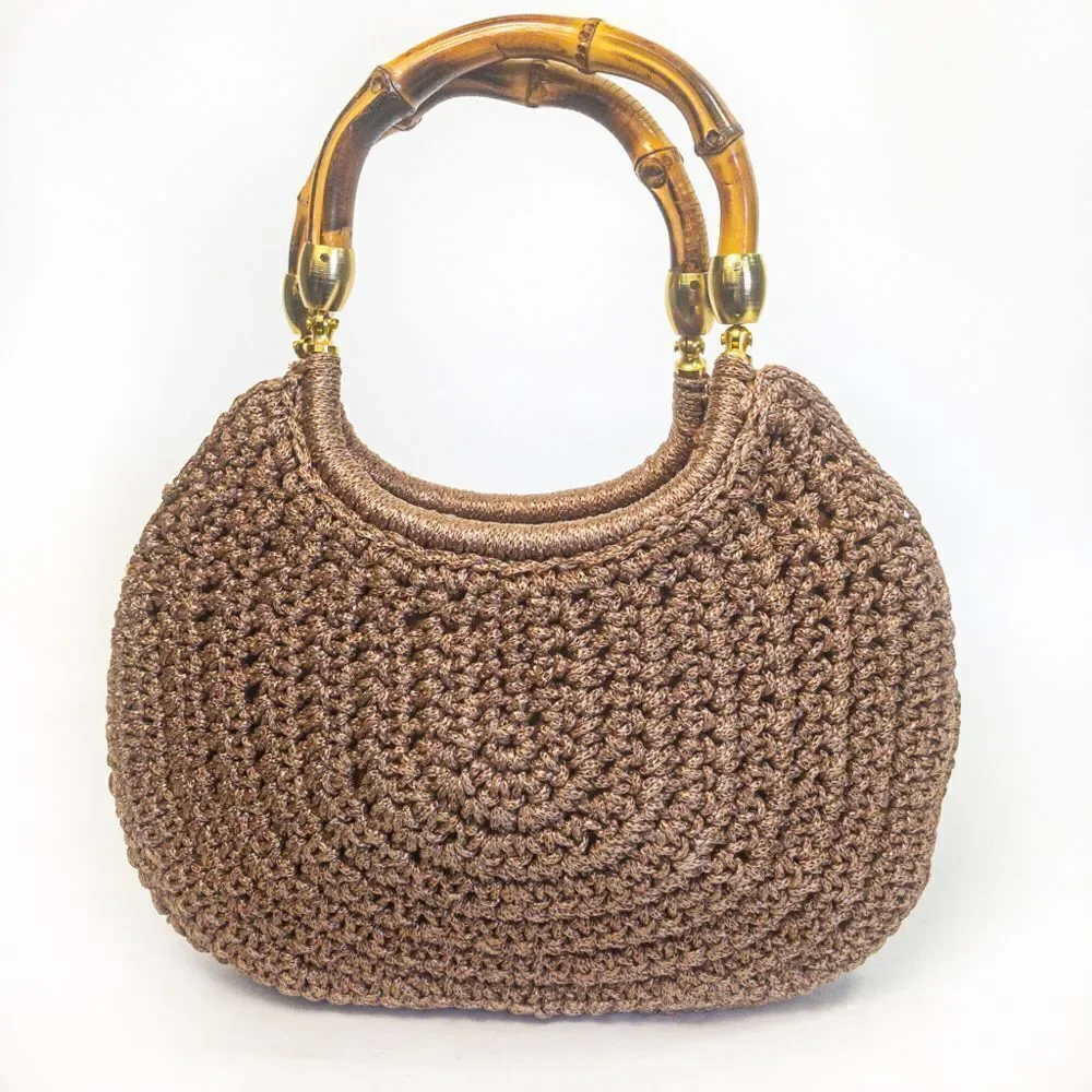 Vintage Brandeis Brown Macrame Clamshell Handbag Bamboo Handles - Picture 2 of 13